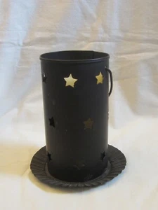 Country Farmhouse Primitive Brown Metal Pillar Candle Holder Star Cutouts Handle - Picture 1 of 4