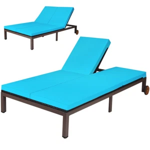 2-Person Patio Rattan Lounge Chair Chaise Recliner Adjustable Cushion Turquoise - Picture 1 of 12