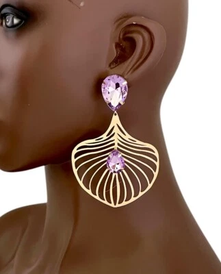 3.75” Long Lavender Acrylic Crystals Statement Fashion Pierced Earrings - Image 1 of 3