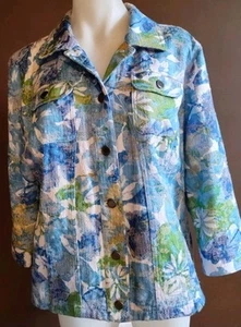 Ladies Jacket by Christopher Banks Size Large Blue Teal White Green Floral - Picture 1 of 4