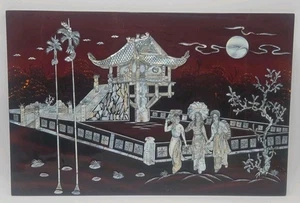 Vintage Asian Mother of Pearl Inlay Wall Art Panel 15"x20" Lacquer Red Scene - Picture 1 of 5