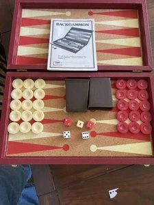 Vintage Backgammon set w Red & Cream Marbled Plastic Pieces w/ Cork Field - Picture 1 of 8