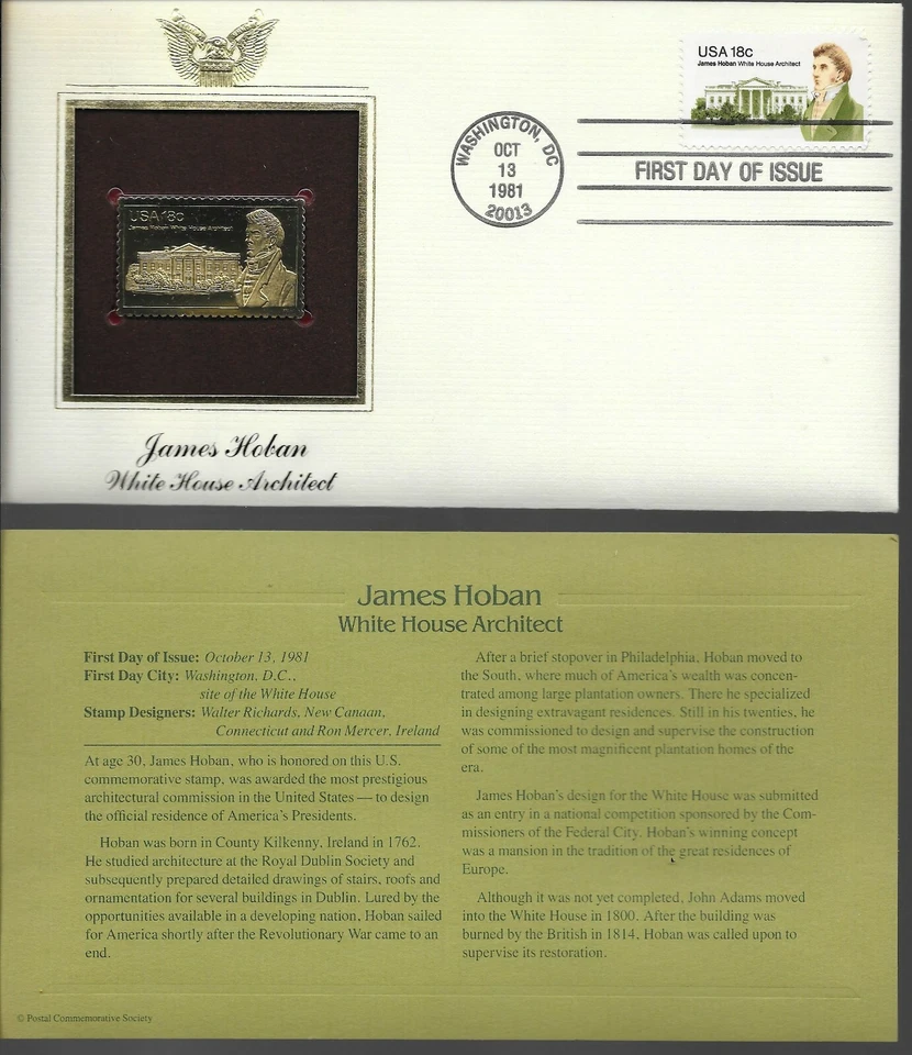 James Hoban-White House Architect--1st day issue-Golden Replica - Image 1 of 1