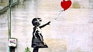 QUADRO STAMPA SU TELA CANVAS BANKSY BAMBINA PALLONCINO CON CUORE STREET ART - Foto 1 di 3