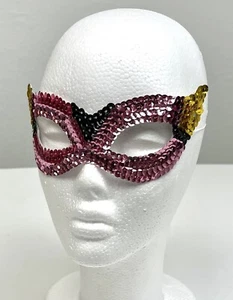 Pink/Yellow/Black Sequin Mardi Gras Style Venetian MASQUERADE MASK Elastic EUC - Picture 1 of 3