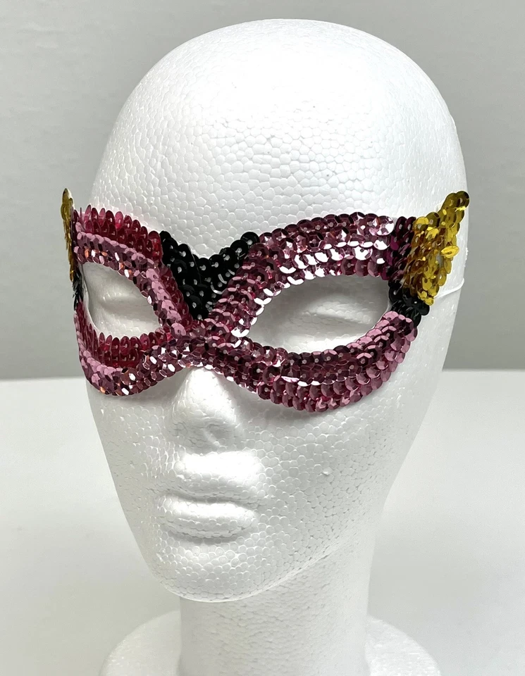 Pink/Yellow/Black Sequin Mardi Gras Style Venetian MASQUERADE MASK Elastic EUC - Image 1 of 3