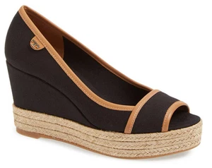 NEW TORY BURCH Majorca Canvas/Leather Platform Wedge Sandal Pump 8.5 M Black/Tan - Picture 1 of 12