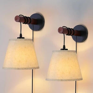 Wall Sconces Set of Two, Plug in Wall Sconce Lighting with Wooden Arm, Fabric... - Picture 1 of 6