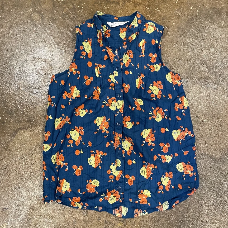 Blusa Top Woolrich Diseño Abotonada Sin Mangas Sin Mangas Talla XS Floral Azul Naranja Foto 1 de 4