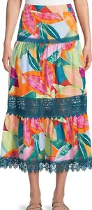 TIME AND TRU Women's Tropical Print Tiered Lace Trim Maxi Skirt Sz XS NWT - Picture 1 of 8