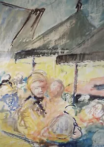 Original Watercolour Painting, 'Figures at the Fair', c1970's, Artist Unknown - Picture 1 of 3