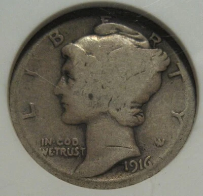 = 1916-D ANACS AG3 MERCURY Dime, Small Old Slab, KEY DATE, FREE Shipping - Image 1 of 3