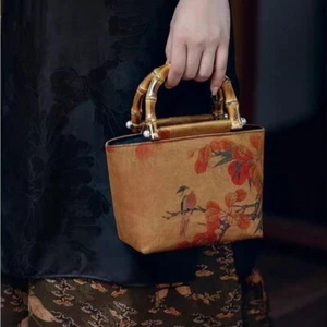 Women Bamboo Handle Floral Print Handbag Retro Hanfu Wrist Bag Brown Accessories - Picture 1 of 10