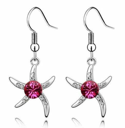 Pretty New White Gold Filled Pink CZ & Crystal Star Dangle Drop Earrings  - Image 1 of 1
