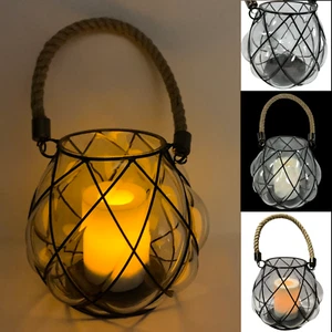 Bubble Glass Hanging Bowl Lantern Candle Holder Timer Black Metal Luminary LED - Picture 1 of 24