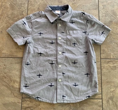 Gymboree Boys Small 5-6 Gray Short Sleeve Button Shirt Airplanes Planes - Image 1 of 4