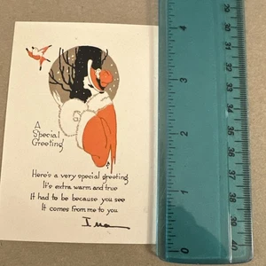 Vintage Art Deco Christmas Card - Woman In Red Coat Watching Bird - Picture 1 of 2