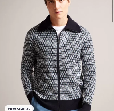 Cárdigan Ted Baker Chaqueta con Cremallera Para Hombres TB 3 UK M Azul Gris Estampado Geométrico NUEVO Foto 1 de 4