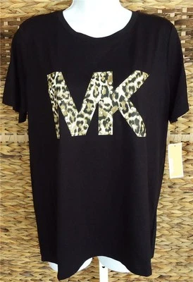 CAMISETA MANGA CORTA MICHAEL KORS NEGRA DORADA TACHONADA LOGO LEOPARDO TALLA M NUEVA CON ETIQUETAS $78 Foto 1 de 4