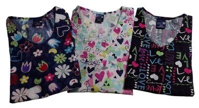 Lot of 3 Zoe + Chloe 100% Cotton V Neck Scrub Tops Hearts Flowers Love Med  NWT - Image 1 of 4