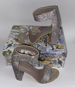 JEFFREY CAMPBELL Sandals Lindsay RHINESTONE SILVER Block HEELS ANKLE STRAP 8.5 - Picture 1 of 10
