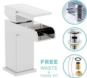 NEW Modern Waterfall Bathroom Tap Basin Sink Mono Mixer Chrome Cloakroom + Waste - Picture 1 of 8