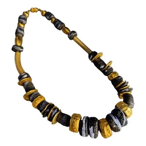 Women's Chucky Rustic statement necklace Gold Tone w/ Black/Blue Textured Beads - Picture 1 of 6