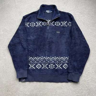 Ralph Lauren Vintage Mens Fair Isle Sherpa Pile 1:4 Zip Fleece Blue Size XL - Image 1 of 4
