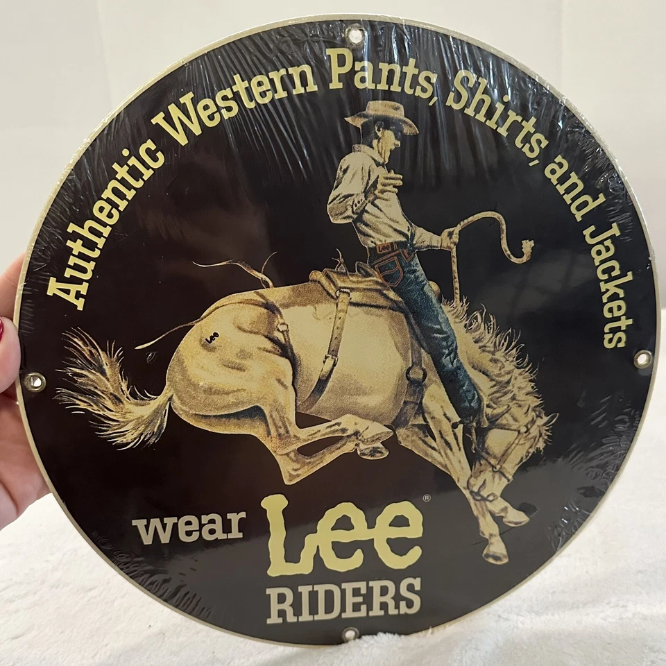 Vtg WEAR Lee RIDERS ROUND 11" METAL SIGN Cowboy Western Wear Advertising Rooney - Image 1 of 4