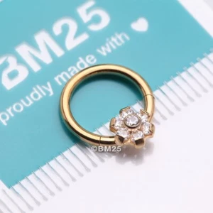 Implant Grade Titanium Golden Brilliant Flower Sparkle Clicker Hoop Ring - Picture 1 of 4