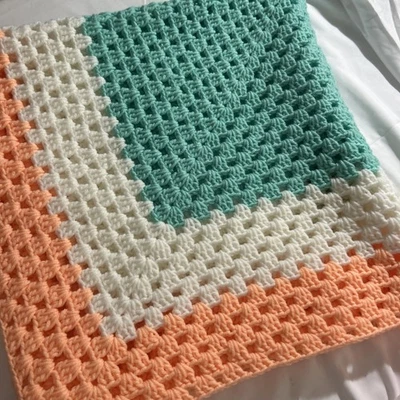 Vintage Crochet BABY LAP BLANKET AFGHAN  42”x 42” Peach, Mint Green, and White - Image 1 of 2