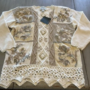 NWT Heirloom Collectibles Tan Cream Floral Sweater Crochet Lace Hem Sz L Grandma - Picture 1 of 6