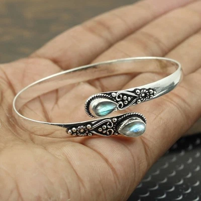 Labradorite Handmade Cuff Bangle 925 Sterling Silver Bracelet gift for her - Image 1 of 4