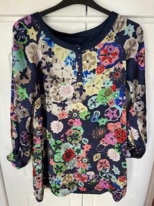 Silk Top Size 12 Tunic Navy Blue Floral Long Sleeve Party Office Hip Length - Picture 1 of 20