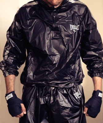 EVERLAST Hooded Sauna Suit Weight Loss Top Pants Mens PVC wet look black M/L - Image 1 of 4