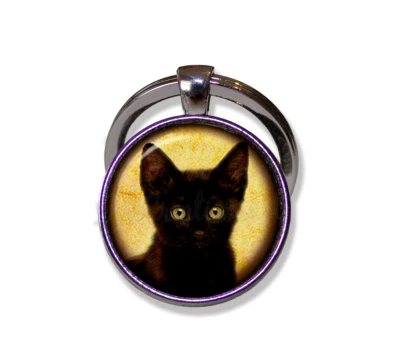 Little Black Kitty Cat Kitten - Handmade ROUND Glass Pendant KEYCHAIN Key Ring - Image 1 of 3