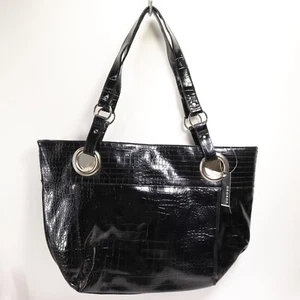 George Eyelet Tote Handbag L Black Faux Patent Leather Lined Purse Shoulder Bag - Picture 1 of 17