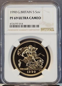 1990 GREAT BRITAIN GOLD 5 SOVEREIGN NGC PF 69 ULTRA CAMEO SCARCE BEAUTY - Picture 1 of 3