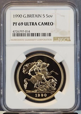 1990 GRANDE GRÃ-BRETANHA OURO 5 SOBERANO NGC PF 69 ULTRA CAMEO BELEZA ESCASSA - Imagem 1 de 3