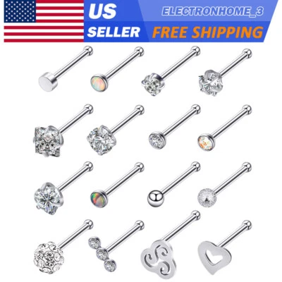 16pcs Silver Straight Nose Stud Stainless Steel Opal CZ Bone Studs Nose Ring 20G - Image 1 of 4