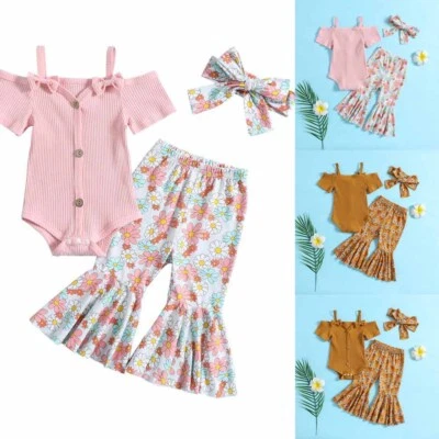 Newborn Baby Girls Outfits Ruffle Sleeveless Jumpsuit Romper Headband Clothes - Image 1 of 4