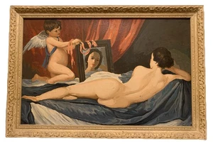 MCM Vintage Mid Century Lounging Nude Female & Cupid Portrait Ölgemälde gerahmt - Bild 1 von 12