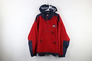 Vintage 90s Tommy Hilfiger Mens XL Spell Out Hooded Fleece Anorak Jacket Red - Picture 1 of 15