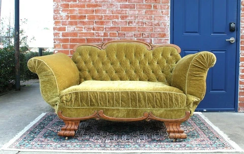 American Antique Oak Bench / Sofa / Daybed w. Goldish Green Yellow Upholstery Cover