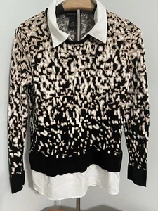 Investments Petites Size PM Black/ Tan Abstract Printed Collar Shirt Sweater - Picture 1 of 7