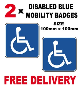2 x DISABLED BLUE BADGE MOBILITY CAR WINDOW BUMPER VINYL STICKERS 100mm x 100mm - Picture 1 of 1
