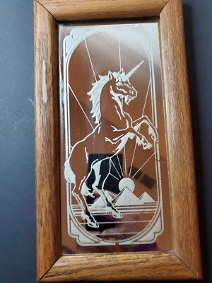 Vintage 1980s Bearded Unicorn Pyramid Mirror Oak Wood Wooden Frame Wall Decor - Image 1 of 4