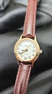 Precision by Gruen Watch Women Gold Tone Brown Leather Band New Battery - Picture 1 of 7