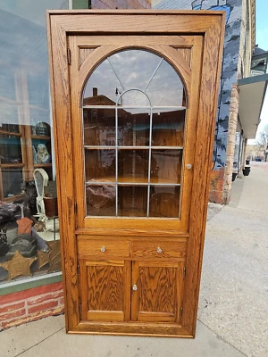 Craftsmen vintage Oak Corner china display cabinet with lead glass door - Image 1 of 4