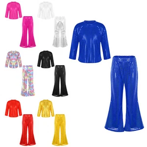 Kids Girls Boys Tops With Flared Pants 2 Pieces Jazz Stage Dancewear Shiny Set - Picture 1 of 92